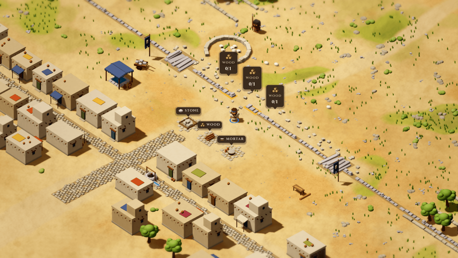 Wide view of the city, the stockpiles and the broken wall line.
