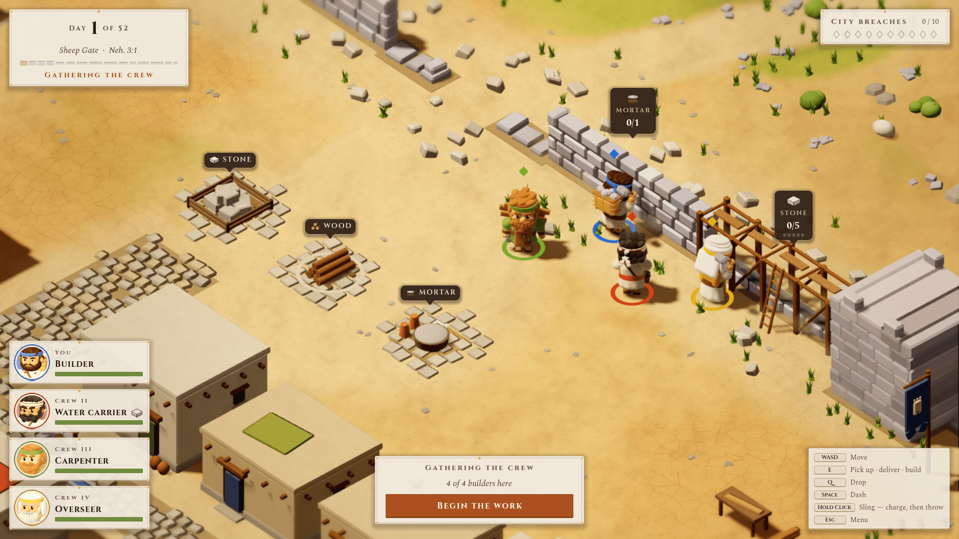 A four-player crew gathers at the wall before the day begins.