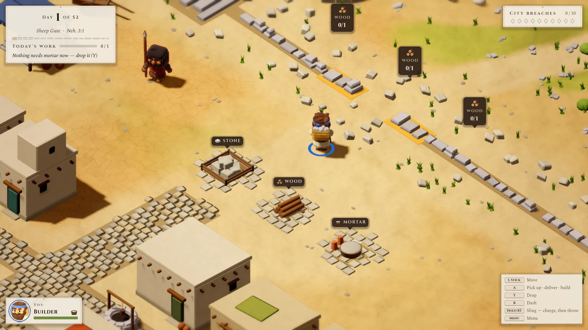 A builder carries a load past the stone, wood and mortar stockpiles while a raider with a spear approaches the half-built wall.