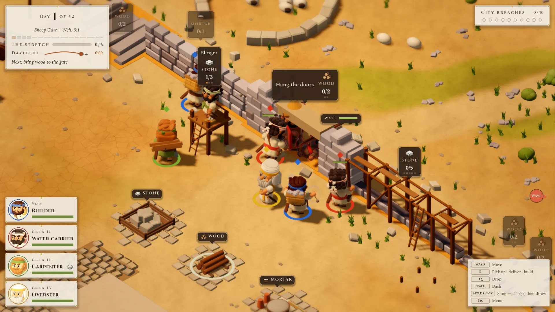 Evening light over the Sheep Gate. The day plaque's sun is nearly set with nine seconds of daylight left, a red Wave pointer marks an attack coming from the right, and the crew works at the half-built gate.