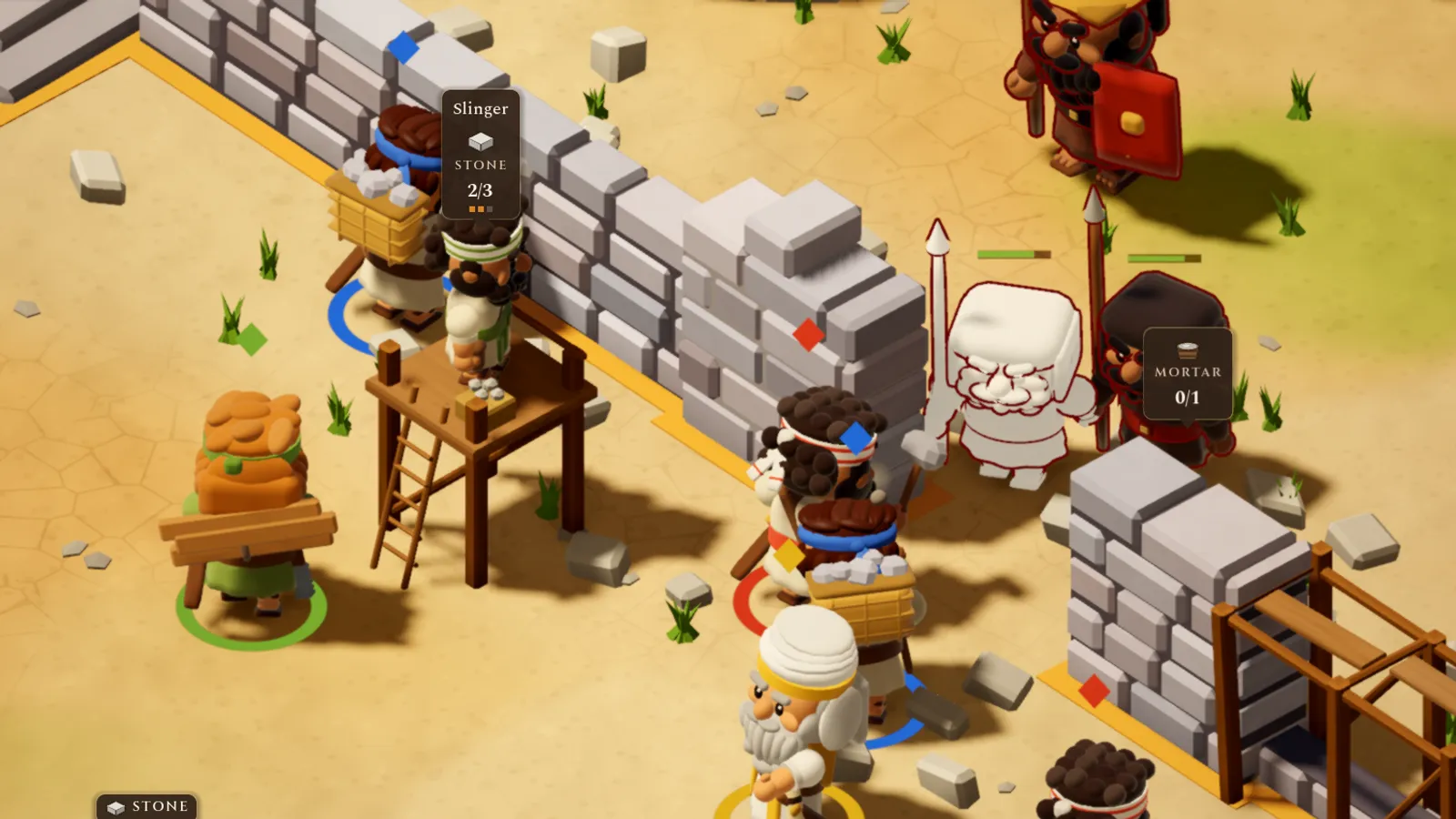 A slinger stands on a timber watch post behind the stone wall, a basket of sling stones at his feet, while an enemy in a bronze helmet approaches outside.